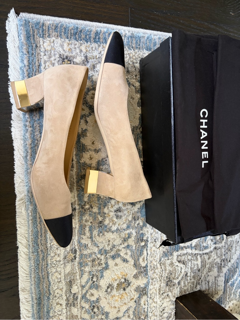 CHANEL Beige Suede Pumps with Black Cap Toe - Picture 2 of 11